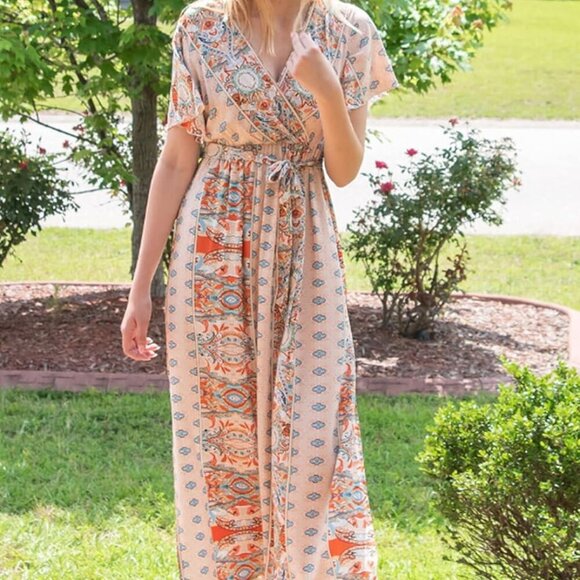 Women's Boho Floral Maxi Dress V Neck Short Sleeve Ruffle Split Beach - Picture 2 of 6